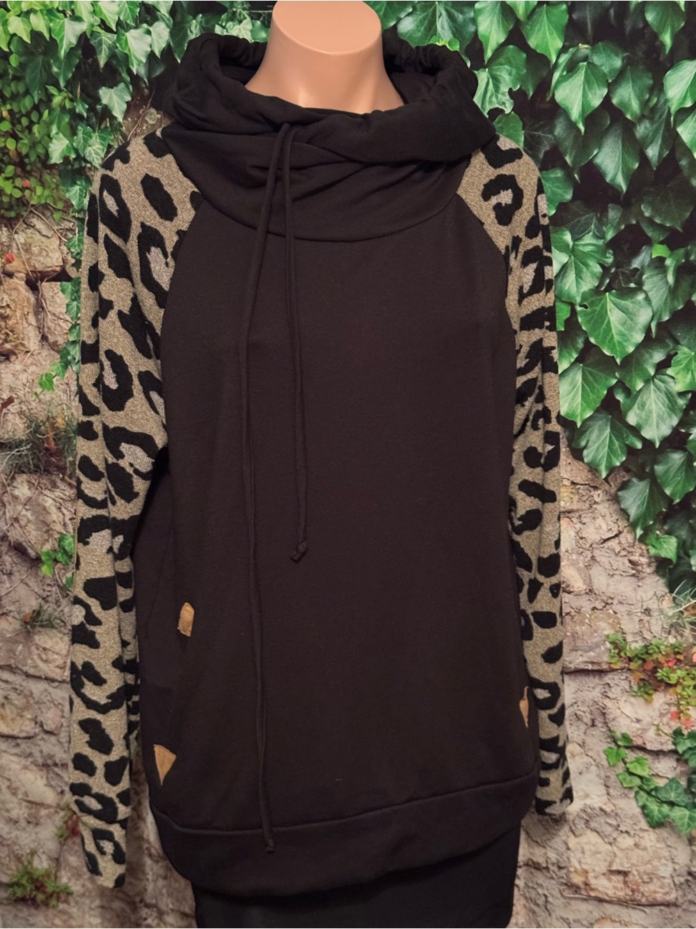 Cute Black Pullover Cowl Neck Hoodie with Knit Leopard Print Sleeves